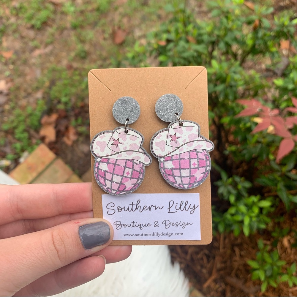 Pink Disco Ball Western Earrings